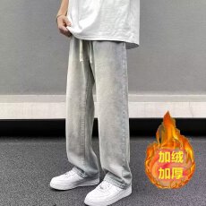 批发高街潮轩vibe黄泥色牛仔裤男秋<b class='q'>冬</b>加绒宽松显瘦百搭松紧腰直筒裤子