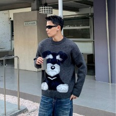 批发2025乐万邦小狗图案圆领针织衫<b class='q'>男</b>女秋冬慵懒风情侣休闲打底毛衣