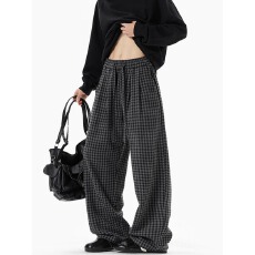 批发【原版格子布复合面料】阔腿裤潮流坊春秋高腰直筒休闲拖地裤子女