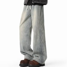 批发加绒】<b class='q'>牛仔裤</b><b class='q'>男</b>女冬潮轩痞帅水洗做旧加绒阔腿裤潮牌直筒垂感长裤
