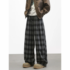 批发【加绒加厚】毛呢潮宝格子阔腿裤男加厚冬季宽松大脚直筒裤休闲裤