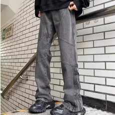 批发微喇淘潮<b class='q'>牛仔裤</b><b class='q'>男</b>宽松直筒痞帅裤子潮流美式高街vibe拉链开衩长裤