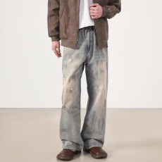 批发做旧牛仔先生废土风阔腿<b class='q'>牛仔裤</b><b class='q'>男</b>新款美式水洗扎染宽松直筒拖地裤