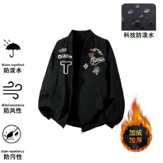 加绒不倒绒加厚印花外套秋冬淘梦中性风徽章印花棒球服夹克外套