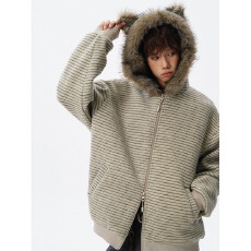 座山雕450g大毛领猫耳连帽前言日记棉衣男女冬条纹棉服情侣外套