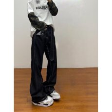 春秋乐万邦新款飘带辑明线轮廓设计牛仔裤男女同款阔腿直筒裤潮流