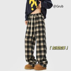 灯芯绒复绒撞色ACE加绒阔腿裤女秋冬格子裤高腰加厚毛呢休闲裤