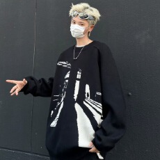 批发【毛衣】秋冬韦爵森抽象图案圆领套头毛衣小众复古宽松慵懒针织衫