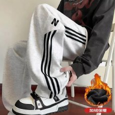 批发加绒复贝贝绒】休闲裤男秋长隆宽松2025运动卫裤三条杠直筒阔腿裤