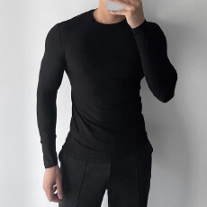 批发180克冰丝螺纹】男士白茶与玫瑰长袖<b class='q'>t</b><b class='q'>恤</b>圆领打底衫内搭<b class='q'>紧身</b>秋上衣