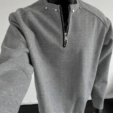 批发半拉链缘创华夫格卫衣男春秋高街柳钉长袖T恤衫痞帅宽松休闲外套