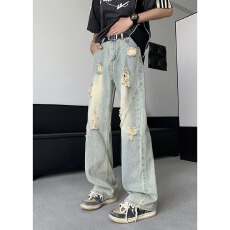 批发微喇牛仔先生破洞牛仔裤男春秋薄款新款高街痞帅水洗做旧直筒长裤