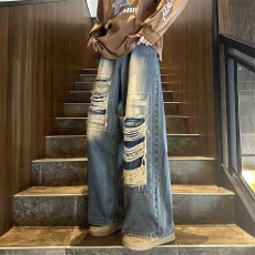 批发复古牛仔先生破洞牛仔裤男水洗做旧宽松阔腿直筒拖地潮牌高街裤子