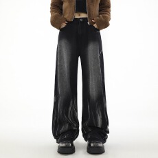 批发美式牛仔先生牛仔裤男小众阔腿直筒垂感宽松扎染高街裤子复古长裤