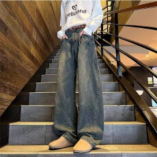 批发水洗牛仔先生直筒宽松阔腿牛仔裤男款高街vibe裤子潮牌痞帅设计感