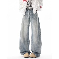 批发做旧牛仔先生阔腿牛仔裤男潮牌设计感水洗裤子高街直筒拖地长裤子