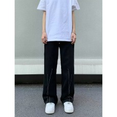 批发港风牛仔先生美式高街小众水洗做旧破洞牛仔裤男女复古炸街阔腿裤