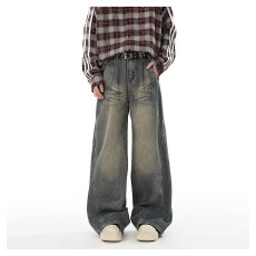 批发复古牛仔先生水洗牛仔裤男春秋vibe高街垂感阔腿拖地裤宽松显瘦