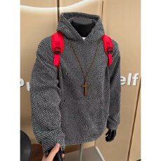 批发雪尼尔复贝贝绒】秋冬常青树编织连帽卫衣男加绒宽松情侣套头上衣