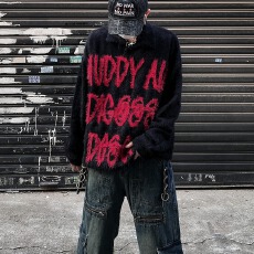 批发强毛感5公分水貂刷毛】撞色黑衣字母毛衣男女宽松慵懒垂感针织衫