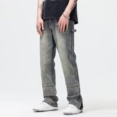 复古淘潮牛仔裤男款直筒宽松水洗做旧美式高街拉链裤子潮牌设计感