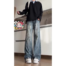 高街新汇佳水洗做旧脏染破洞牛仔裤男春秋宽松直筒微喇vibe裤子