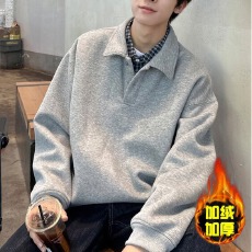 加绒加厚POLO衫二浩服饰卫衣男宽松复古慵懒氛围感翻领长袖上衣