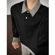 曼巴棉290克格子二浩假两件polo翻领卫衣男长袖打底衫套头上衣