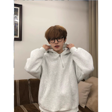 批发华棉复合】秋冬008斜拉链连帽卫衣男女同款宽松情侣上衣百搭帽衫