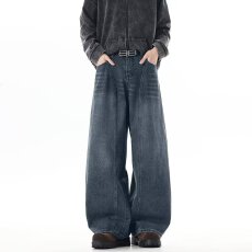 批发美式衣创水洗做旧解构弯刀牛仔裤男宽松高腰廓形镰刀阔腿裤子春秋