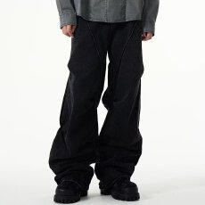 批发原版质量】解构派牛拼接弯刀牛仔裤男女宽松阔腿分割镰刀垂感裤子