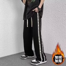 批发美式淘哥龍侧边条纹加绒<b class='q'>休闲裤</b>男宽松直筒运动高街阔腿裤痞<b class='q'>帅</b>长裤