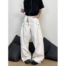 批发美式续战复古宽松直筒cleanfit牛仔裤男女春秋排扣设计阔脚长裤子