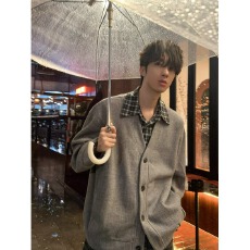 批发【假两件】潮流發財拼接<b class='q'>衬衫</b>外套男女春秋日系开衫针织懒惰风毛衣