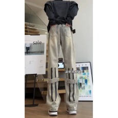 批发美式牛仔先生高街风拉链设计修身直筒水洗黄泥染微喇牛仔裤男长裤