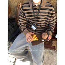 批发纯北极绒】<b class='q'>男士</b>化佛潮流秋冬套头毛衣针织衫polo翻领毛衣条纹上衣