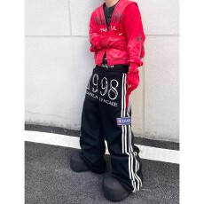 批发双腰头做旧印花抽绳<b class='q'>休闲</b>裤美式街头条纹Baggy宽松卫裤男春秋长裤