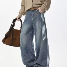 弯刀浩威水洗解构弯刀牛仔裤男女宽松休闲三条杠条纹拼接阔腿裤