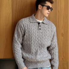 秋冬狮城慵懒休闲轻奢翻领男polo衫简约纯色细条磨毛通勤针织毛衣