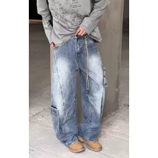 美式淘潮高级感弯刀牛仔裤男秋水洗做旧拼接休闲宽松廓形阔腿长裤