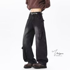 美式淘潮高街工装阔腿牛仔裤男女秋冬新款水洗拼接设计高腰直筒裤