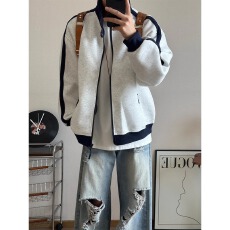 批发华棉复合】立领008撞色条纹运动卫衣外套男女秋冬美式<b class='q'>情侣装</b>开<b class='q'>衫</b>