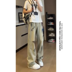 原版工艺裤子粤卡春秋新款小众设计扎染喷墨牛仔裤ins高街长裤