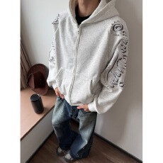 批发华棉复合350克原版钉珠刺绣】加绒黑衣连帽卫衣男女宽松长袖外套