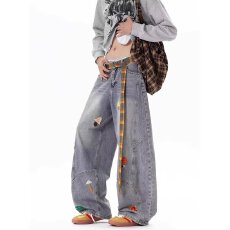 批发【送腰带】美式恒潮<b class='q'>时尚</b>刺绣卡通牛仔裤男2026宽松直筒休闲裤女