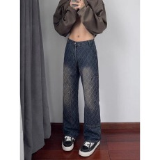 批发【 提花牛仔<b class='q'>裤</b>高街富博<b class='q'>格子</b>提花工装牛仔<b class='q'>裤</b>轻奢小众炸街男直筒