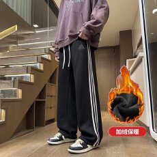 批发加绒复贝贝绒】秋冬长隆直筒<b class='q'>裤</b>男<b class='q'>条纹</b>三杠运动<b class='q'>裤</b>宽松阔腿<b class='q'>裤</b>子长<b class='q'>裤</b>
