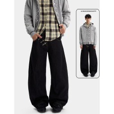 批发飞机扣牛仔】高腰牛仔很忙窄版阔腿裤男秋冬宽松抽绳直筒<b class='q'>休闲裤</b>子