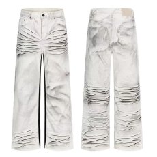 水洗压褶猫须牛仔男女巴鲁米直筒牛仔裤春秋做旧纹理休闲长裤潮