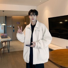 双层麂皮绒春秋港潮翻领外套情侣拉链纯色百搭chic机能夹克男女